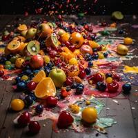 Fruit salad spilling on the floor was a mess of vibrant colors and textures generative ai photo