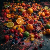 Fruta ensalada derramar en el piso estaba un lío de vibrante colores y texturas generativo ai foto