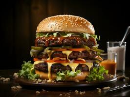 Burger with delicious ingredients and splash of sauce generative ai photo