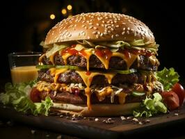 Burger with delicious ingredients and splash of sauce generative ai photo