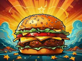 Cartoon style delicious cheese burger on colorful pop art retro background generative ai photo