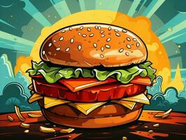 Cartoon style delicious cheese burger on colorful pop art retro background generative ai photo