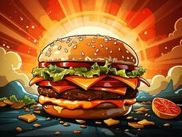 Cartoon style delicious cheese burger on colorful pop art retro background generative ai photo