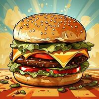 Cartoon style delicious cheese burger on colorful pop art retro background generative ai photo