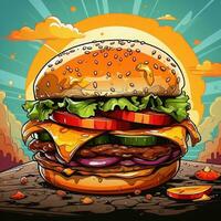 Cartoon style delicious cheese burger on colorful pop art retro background generative ai photo