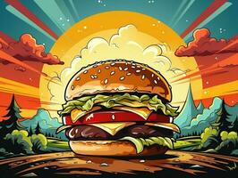 Cartoon style delicious cheese burger on colorful pop art retro background generative ai photo