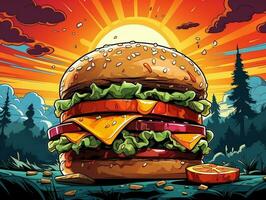 Cartoon style delicious cheese burger on colorful pop art retro background generative ai photo