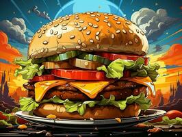 Cartoon style delicious cheese burger on colorful pop art retro background generative ai photo