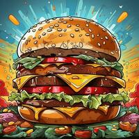 Cartoon style delicious cheese burger on colorful pop art retro background generative ai photo