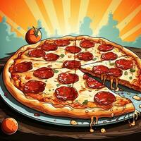 Cartoon style delicious Italian pepperoni pizza on retro pop art background generative ai photo