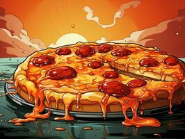 Cartoon style delicious Italian pepperoni pizza on retro pop art background generative ai photo