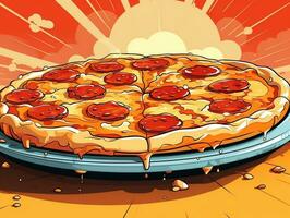 Cartoon style delicious Italian pepperoni pizza on retro pop art background generative ai photo