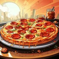 dibujos animados estilo delicioso italiano pepperoni Pizza en retro popular Arte antecedentes generativo ai foto