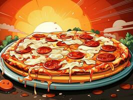 dibujos animados estilo delicioso italiano pepperoni Pizza en retro popular Arte antecedentes generativo ai foto