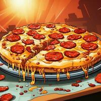 Cartoon style delicious Italian pepperoni pizza on retro pop art background generative ai photo