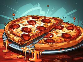 Cartoon style delicious Italian pepperoni pizza on retro pop art background generative ai photo