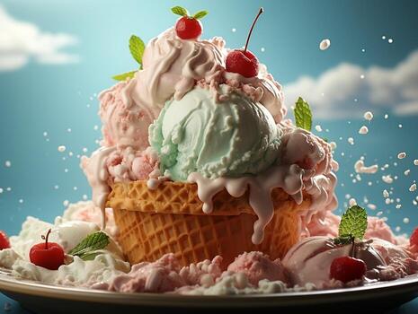 Melting ice cream on a hot summer day with isolated background generative ai photo