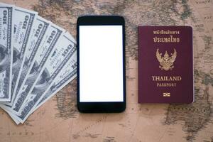 Travel and tourism concept with Smartphone mock up template Preparation for travelers. photo