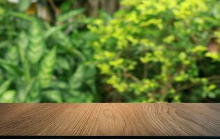 vacío madera mesa parte superior y difuminar de fuera puerta jardín antecedentes vacío de madera mesa espacio para texto márketing promoción. blanco madera mesa Copiar espacio foto