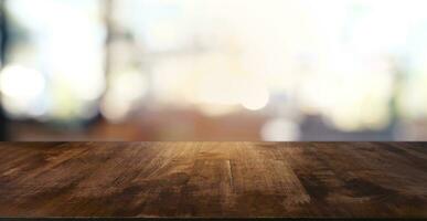 Empty wooden table in front of abstract blurred background of coffee shop . can be used for display or montage your products.Mock up for display photo