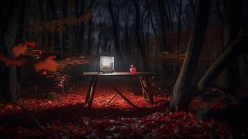 Wooden Table In Spooky Forest At Nights With Red Leaves In Autumn Landscape At lamplight, photo