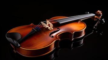 Violin with bow isolated on black background with clipping path, photo
