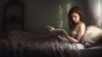 Mañana de joven mujer leyendo libro en cama, generativo ai foto