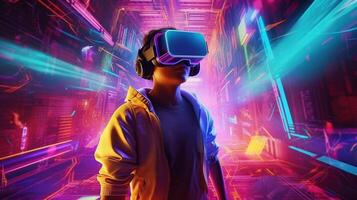 Future digital technology metaverse game and entertainment, teenager having fun play VR virtual reality goggle, sport game 3D cyber space futuristic neon colorful background, photo