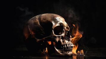 Skull burned in fire in dark Halloween night. Concept of Halloween, photo