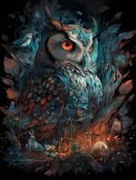 Owl Overgrown magical forest, wolf, 3d illustration, photo