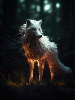 Magic fox with transparent glowing shining body in a dark ominous forest, magic glow and shine, illustration, photo