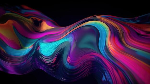 Abstract fluid iridescent holographic neon curved wave in motion colorful background 3d render. photo