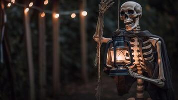 Halloween Night - Skeleton Holding Lantern In Spooky Night, photo