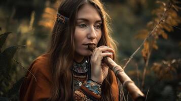 Beautiful shamanic girl playing on shaman flute in the nature, photo