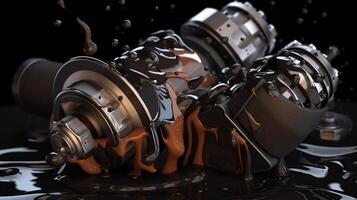 3d illustration of engine. Motor parts as crankshaft, pistons with motor oil splash, photo