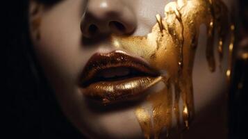 Gold Paint smudges drips from the face lips, golden liquid drops on beautiful model girl's mouth, gold metallic skin make-up. Beauty woman makeup close up, photo