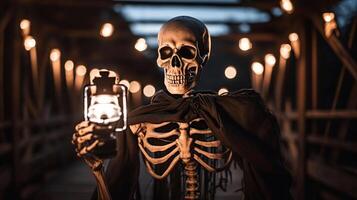 A skeleton holding a lantern in the dark. photo