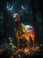 magic deer with transparent glowing shining body in a dark ominous forest, magic glow and shine, photo