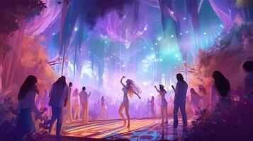 Club nocturno discoteca plano color ilustración. grupo de joven personas bailando dibujos animados caracteres. danza fiesta foto