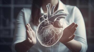 Female doctor holding virtual volumetric drawing of Heart in hand. Handrawn human organ, copy space on right side, grey hdr color. Healthcare hospital service concept, photo