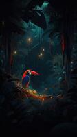 Orange beak toucan in a dark night forest with with red neon light, photo