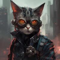 esta es un cyberpunk gato. eso usa un negro chaqueta y tirantes, con rojo alumnos y negro lentes. eso estaba que lleva un plata arma y tenido un feroz expresión y agudo ojos, generativo ai foto