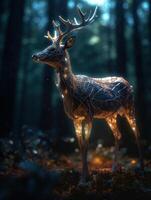 magic deer with transparent glowing shining body in a dark ominous forest, magic glow and shine, dynamic pose, photo