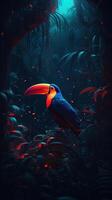 Orange beak toucan in a dark night forest with with red neon light, photo