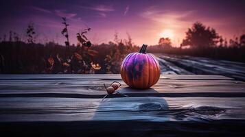 un calabaza sentado en un de madera mesa con un puesta de sol en el antecedentes. generativo ai foto