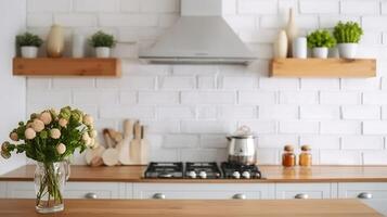 desván cocina gabinete y encimera con blanco ladrillo pared antecedentes. moderno interior para cocinando. encimera en comida residencia con flor decoración. generativo ai foto