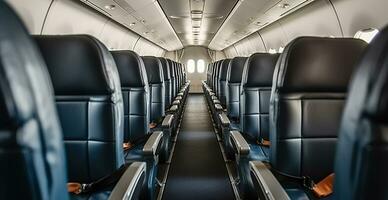 Rows of black leather seats and porthole windows in commercial aircraft cabin. Economy class chairs of airplane. Generative AI photo