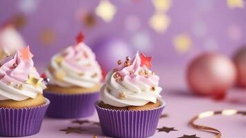 Creamy Cupcakes Muffins with Purple Copy Space Decorated Delicious Candy Spheres, Festive Cakes and Celebration Confetti. Generative AI photo