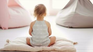 Portrait of cute adorable caucasian baby girl sitting on floor back to camera, near pillow and bed. Generative AI photo