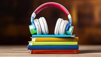 apilar de diferente color de tapa dura libros con blanco vistoso cubre y blanco auriculares en mesa. generativo ai foto